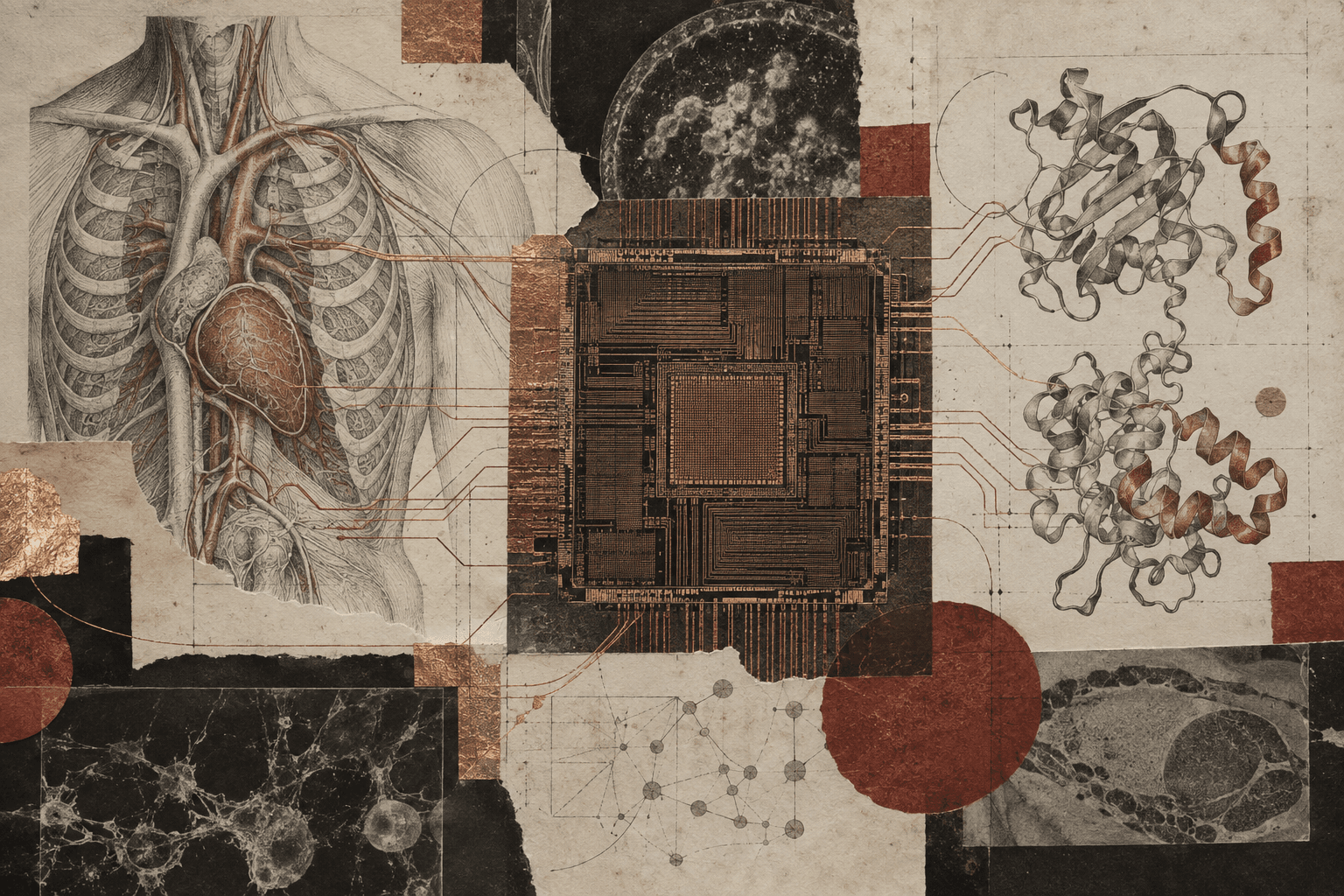 An archival anatomical plate and protein structures converging on a silicon die