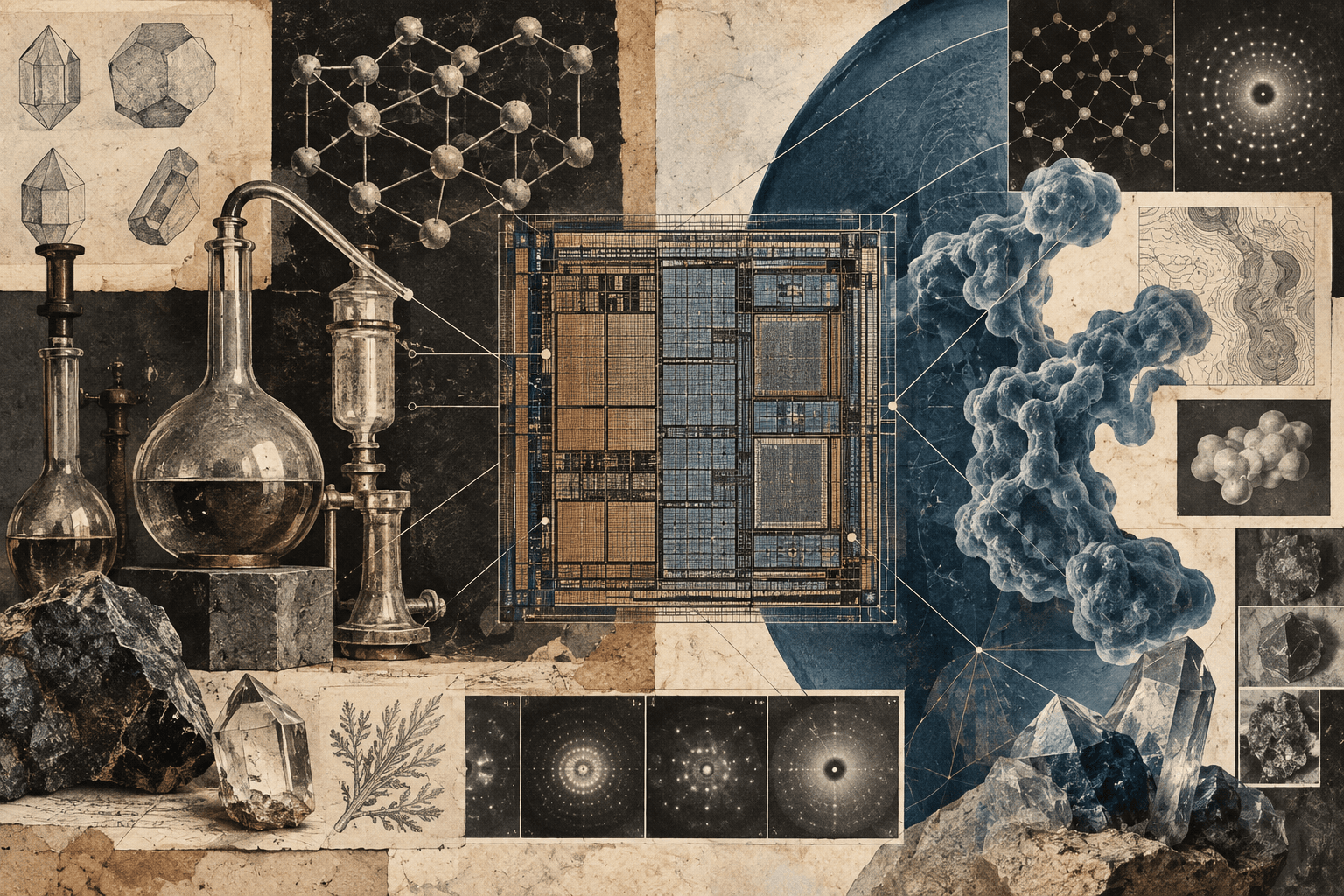 Historic chemistry apparatus and crystal structures arranged around a silicon die